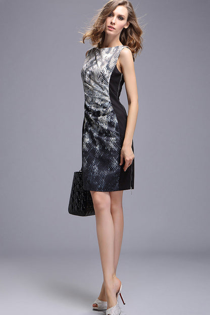 Snake-print Shrring Waist Full Side Metal Zipper Down Bodycon Dress