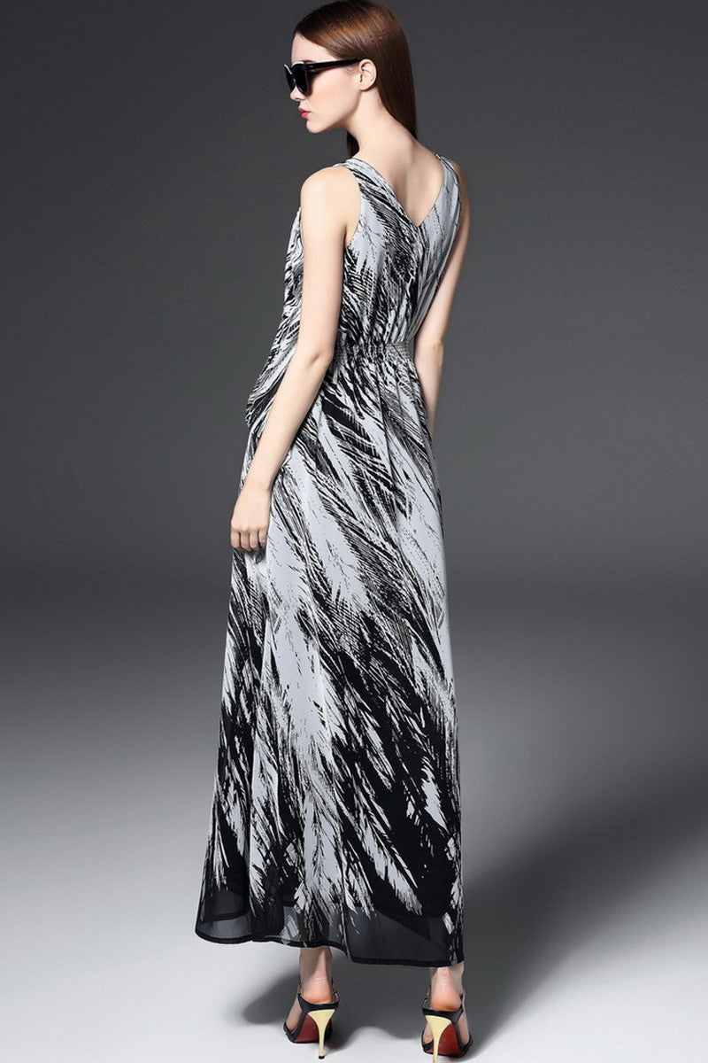 Deep V Neck Printing Irregularity Hem Empire Mixi Dress