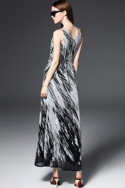 Deep V Neck Printing Irregularity Hem Empire Mixi Dress