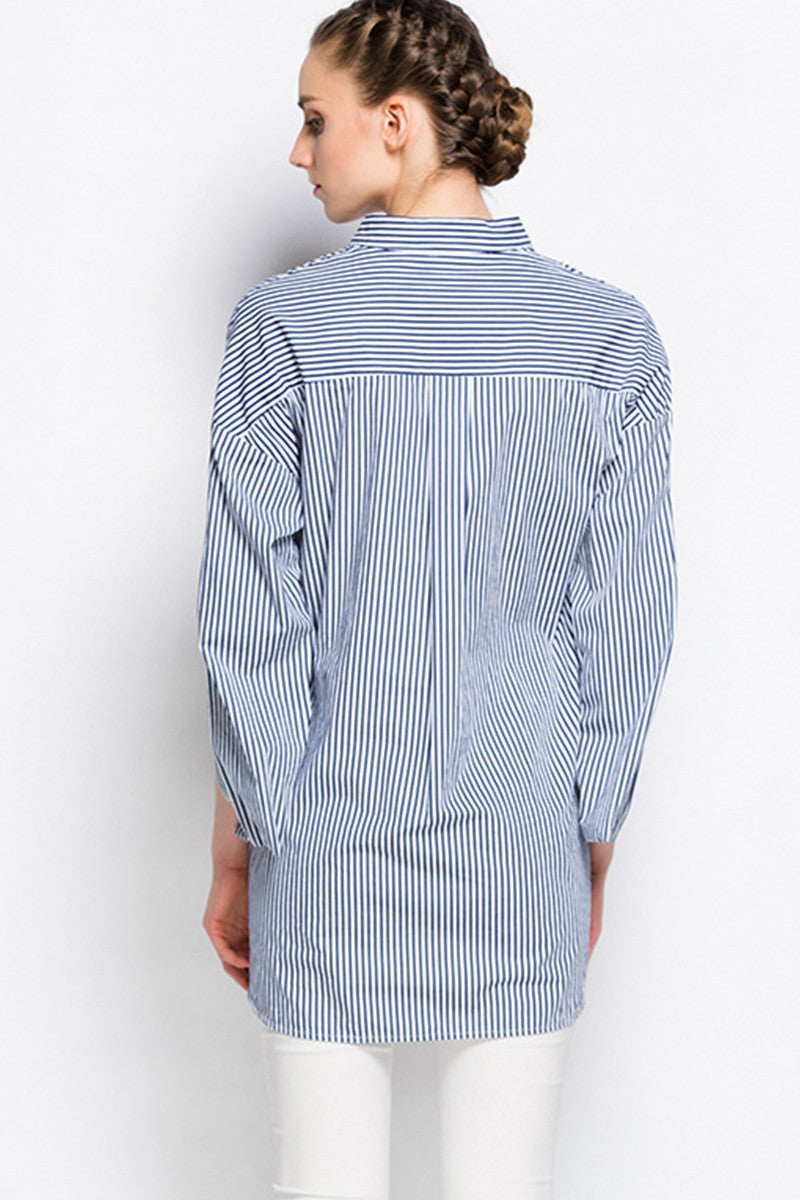 V Neck Stripe Forked Hi-Low Top