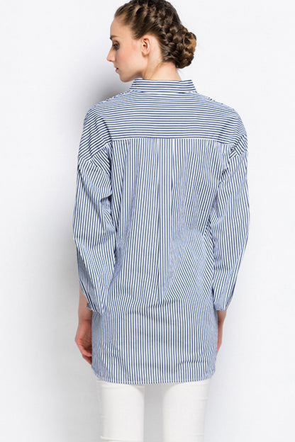 V Neck Stripe Forked Hi-Low Top