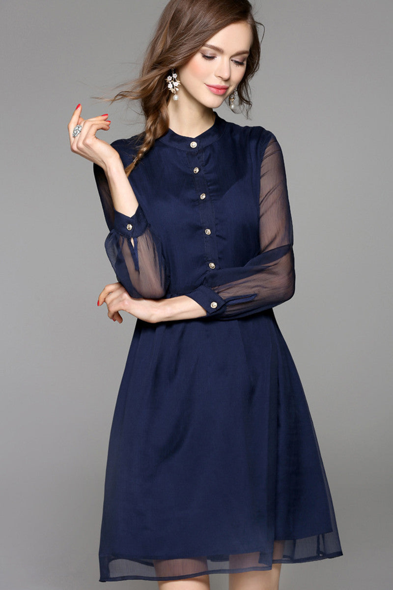 FORMAL STAND COLLAR CHIFFON LONG SLEEVE A-LINE DRESS