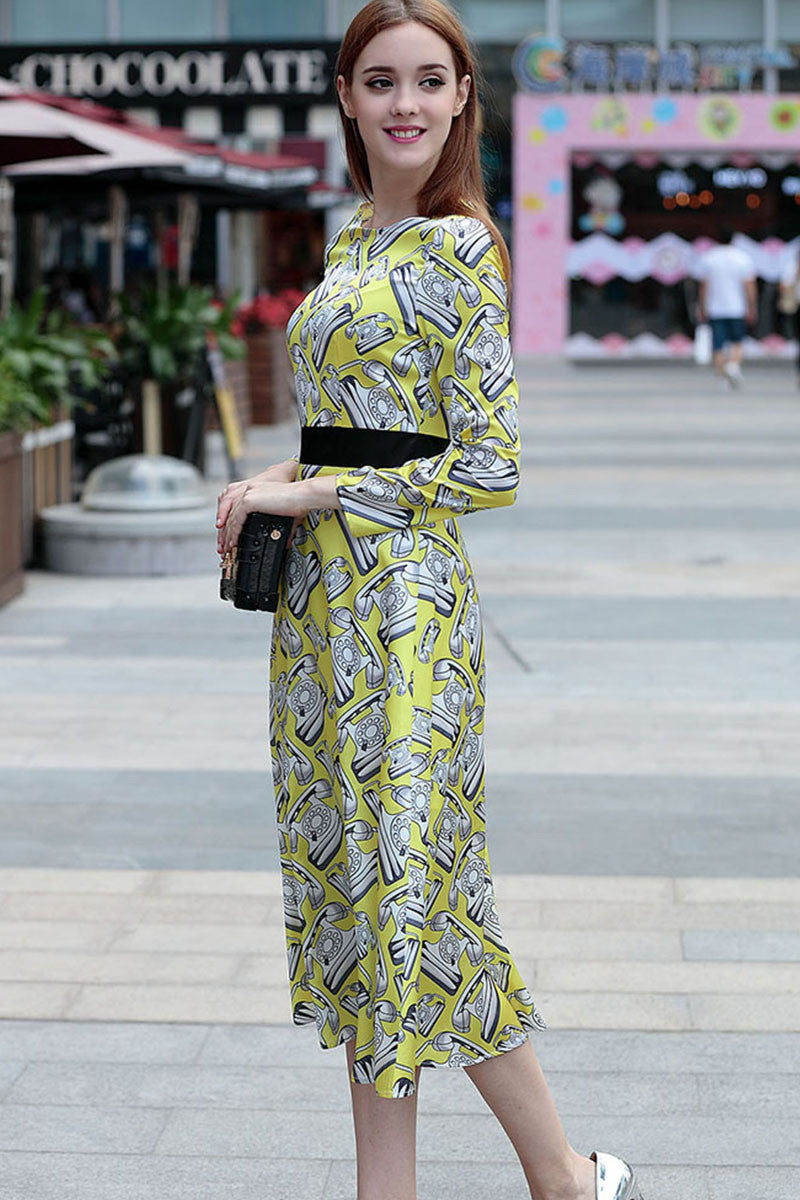 Round Collar Telephone Print Slim Flare Midi Silkk Dress - NJOYDRESS - 2
