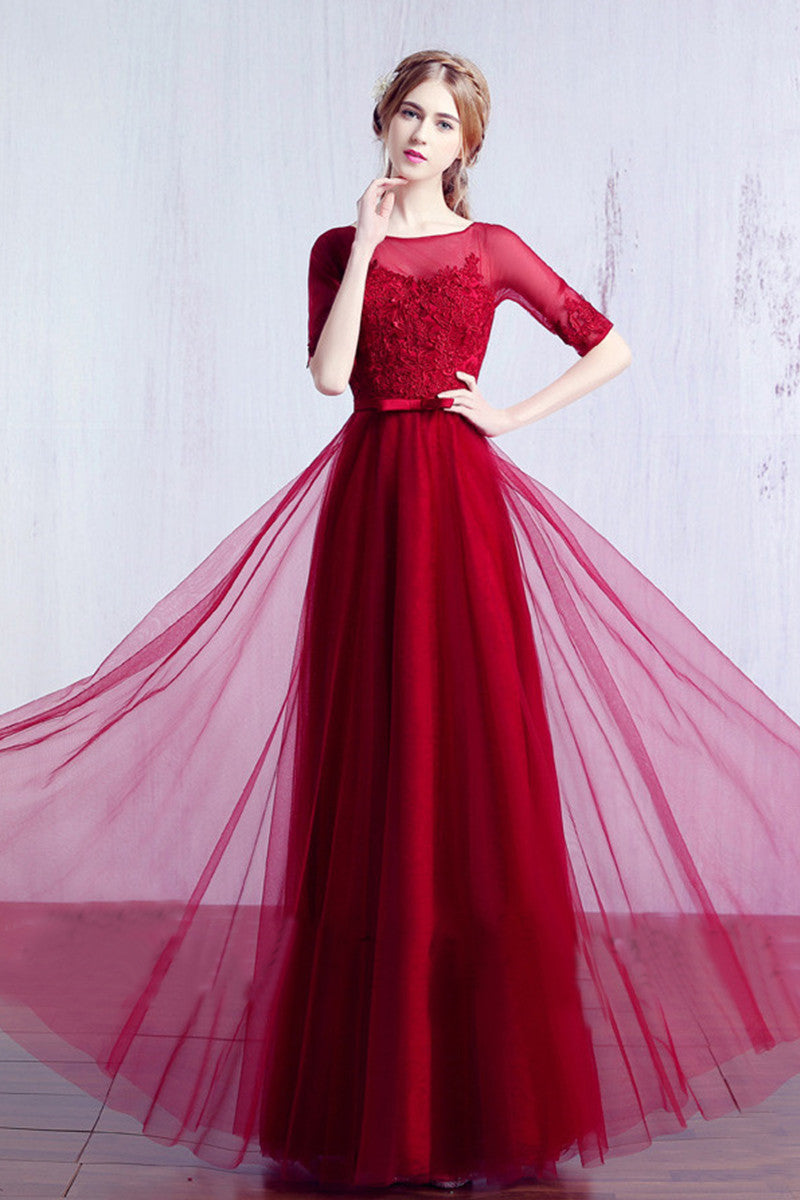 Sheer Mesh Lace Applique Tulle Overlay Bowknot Attached Runched Gown Dress