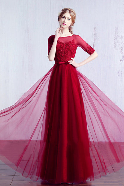 Sheer Mesh Lace Applique Tulle Overlay Bowknot Attached Runched Gown Dress