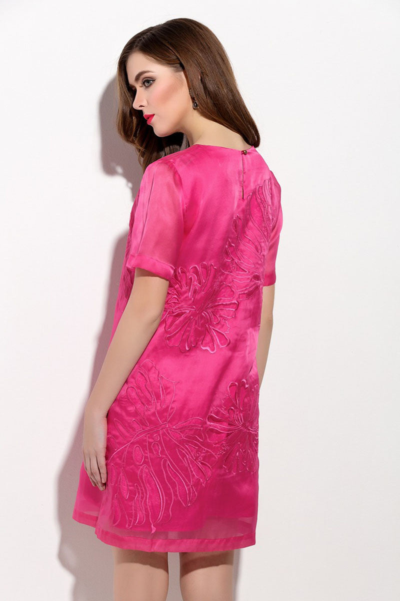 Round Collar Embroidery Mesh Patch Dress - NJOYDRESS - 3