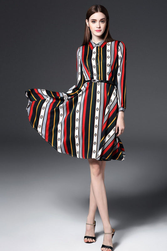 Lapel Neck Color Block Stripe Slim Swing Dress With Belt