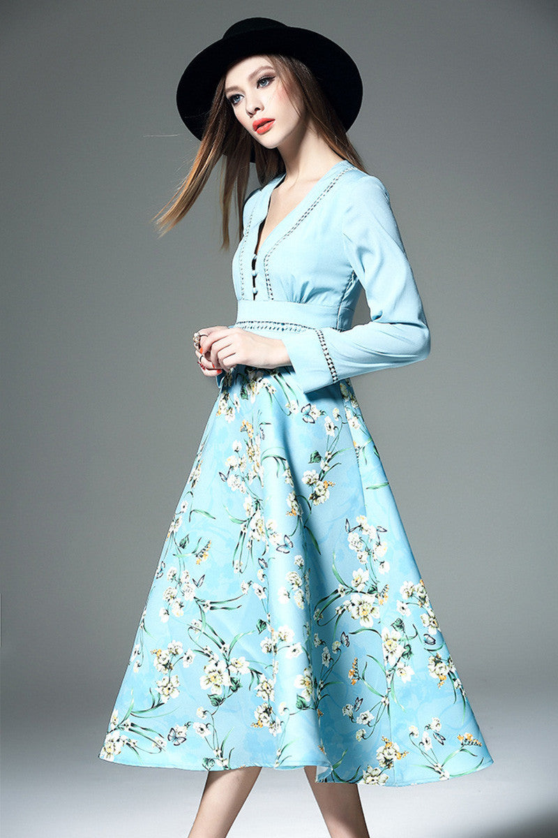 Deep-V Covered Button Flared Midi Dress - NJOYDRESS - 2
