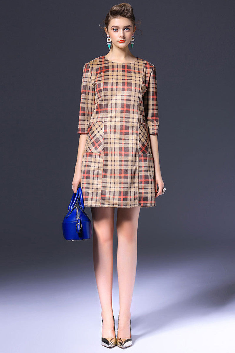 Classical Check Midi Dress with Side Pocket - NJOYDRESS - 1