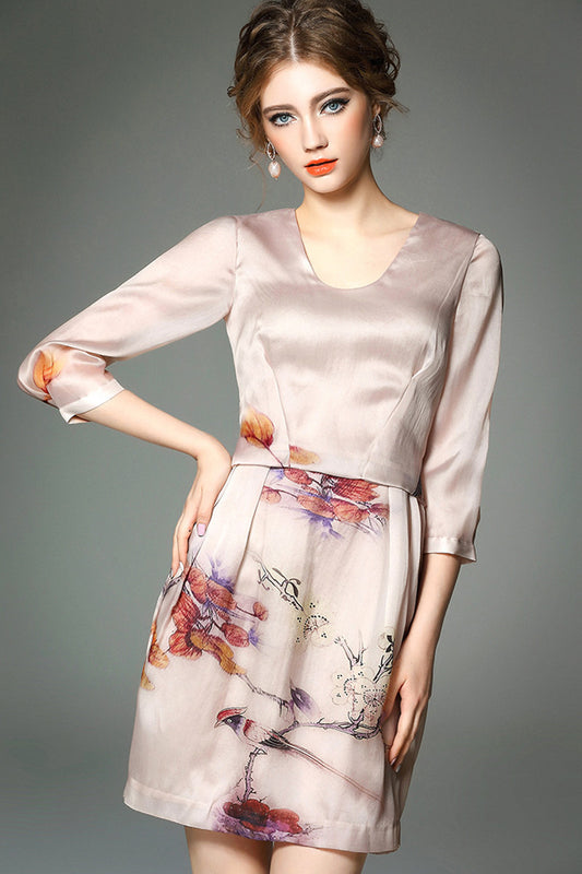 WOMEN'S ELEGANT ROUND NECK HALF SLEEVE PRINTING SHORT DRESS