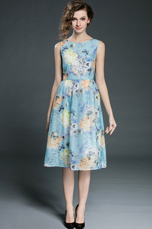 CASUAL SLEEVELESS ROUND NECK VACATION FLOWER PRINTING MIDI DRESS