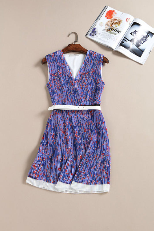 V Neck Sleeveless Pleated Vacation Short Dress With Belt