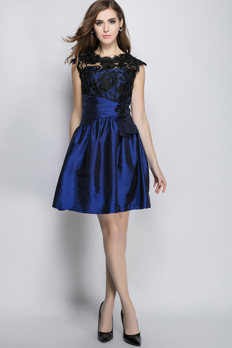 Lace Illusion Beaded Runched Pleat Dress
