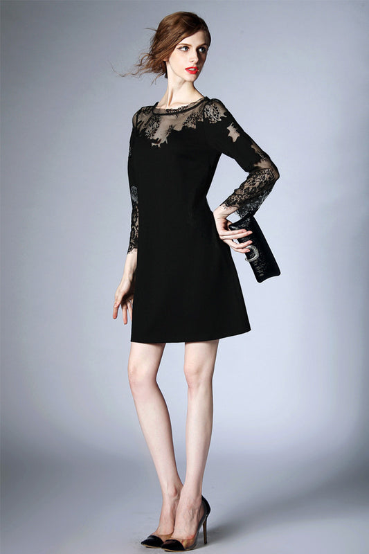 Women's Fashion Long Sleeve Lace Dress Slim Cocktail Party Dress - NJOYDRESS - 1