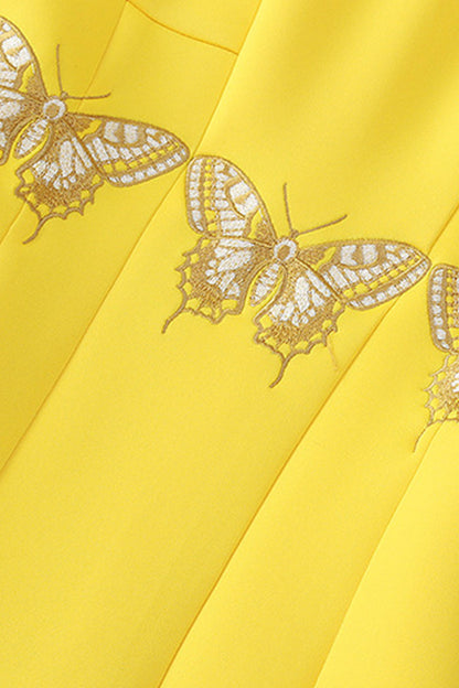 Cap Sleeve Butterflies Embroidery Slim Slant Pocket Dress