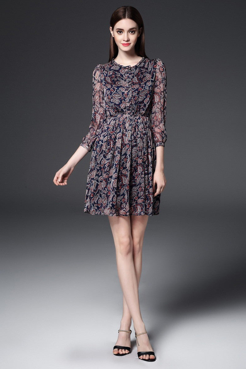 Round Collar  Abstract Floral Print Chiffon Mini Dress