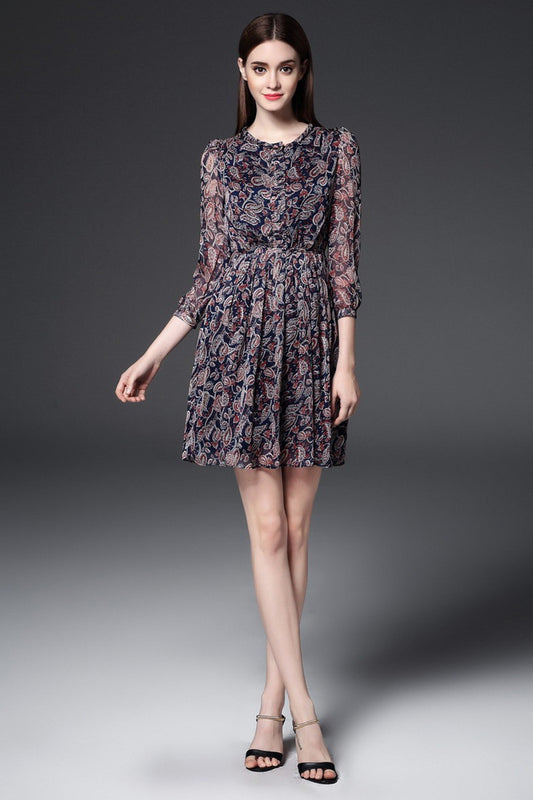 Round Collar  Abstract Floral Print Chiffon Mini Dress