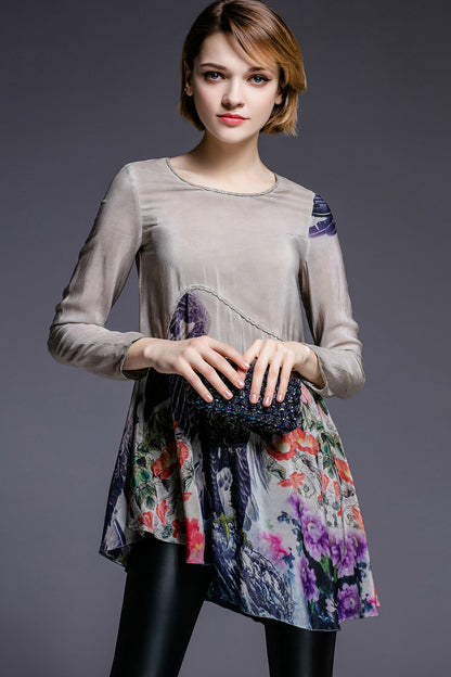 Round Collar A-Line Eagle Floral  Pattern  Irregular Loose Top