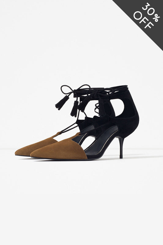 [30% OFF TILL 8 APR] Suede Leather Pointed Toe Lace-up Pumps
