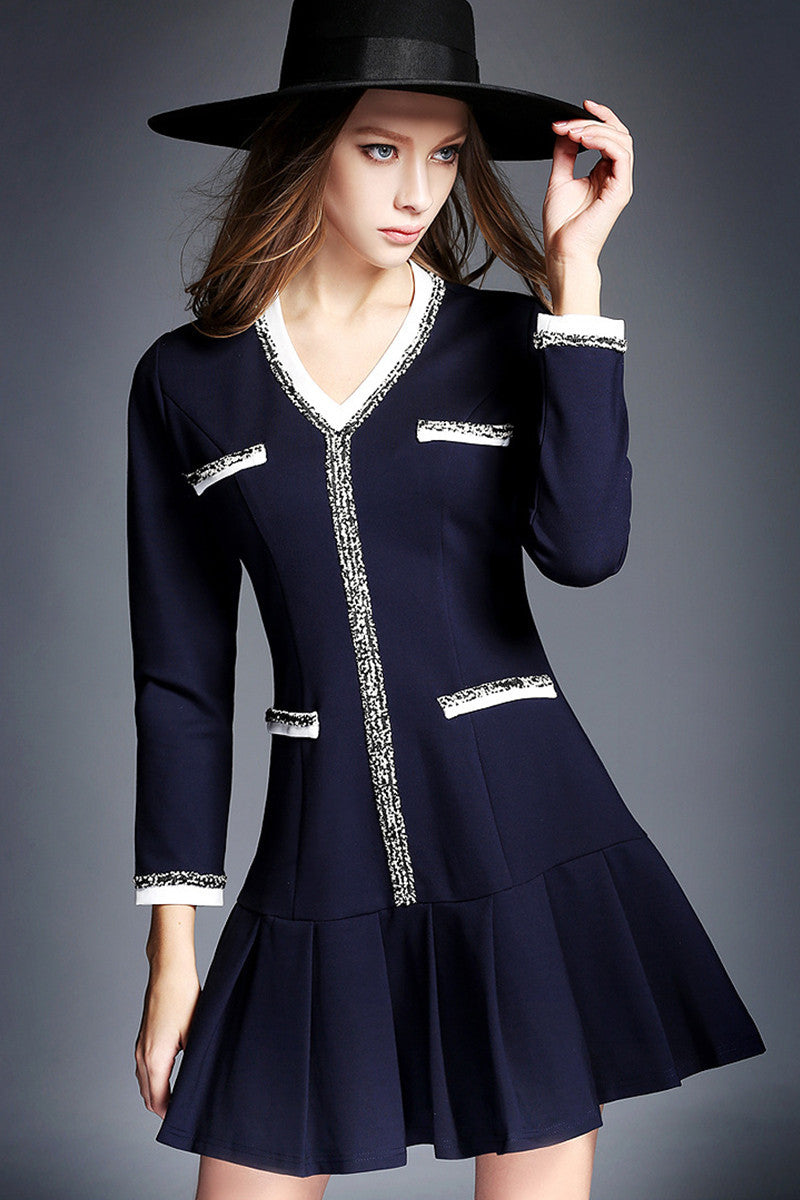FORMAL V NECK BEADED PLEATED A-LINE SHORT DRESS