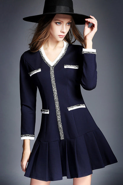 FORMAL V NECK BEADED PLEATED A-LINE SHORT DRESS