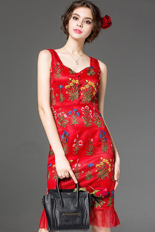 SLIM SLEEVELESS SWEETHEART NECK CHINESE EMBROIDERY MIDI DRESS