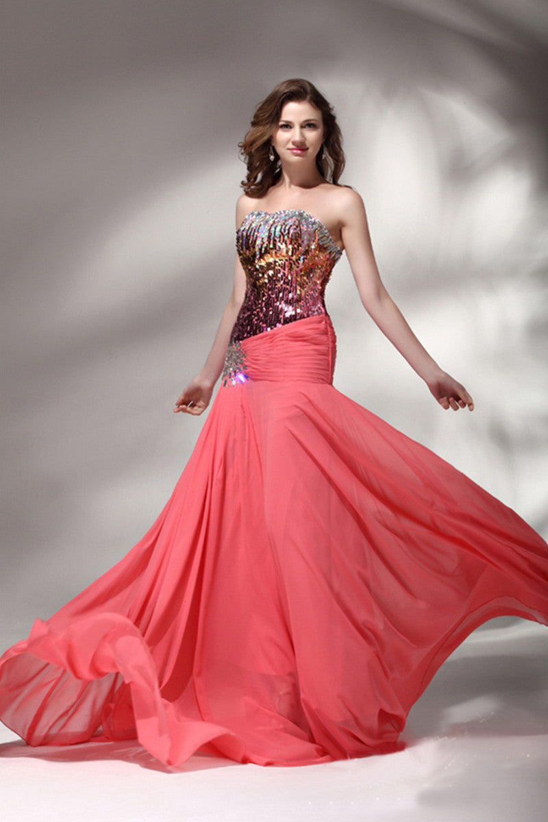 Strapless Sweetheart Sequin Beaded Flare Runched Dress