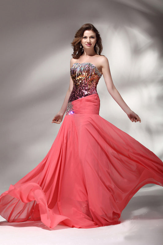 Strapless Sweetheart Sequin Beaded Flare Runched Dress