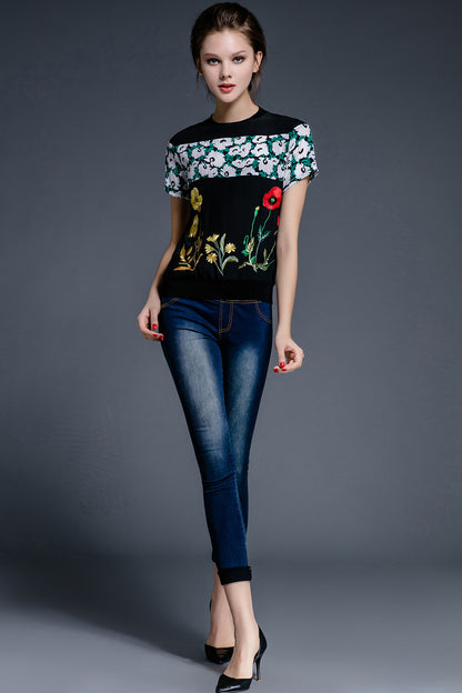 Round Collar Floral Print Flower Embroidered Top