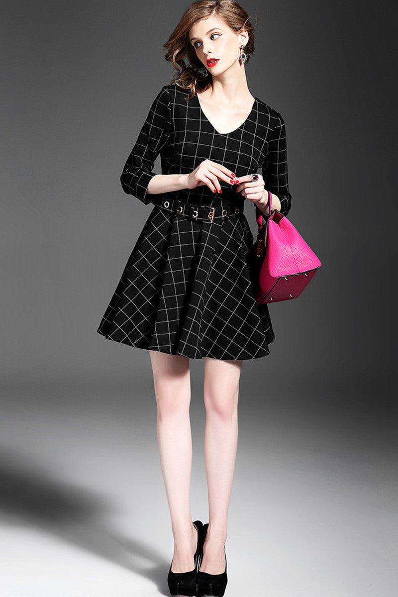 V Neck Shirring Waist Plaid Flare Dress With Belt