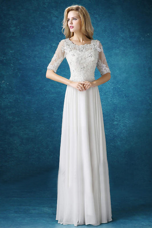 Round Collar Beaded Lace Applique Mid Sleeve Runched Gown Dress