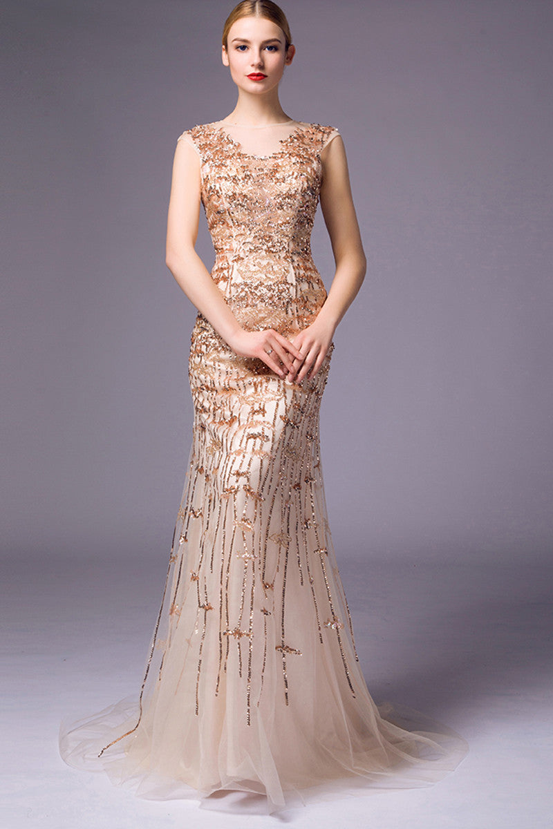 Full Tube Mixed Squin Beaded Mesh Party Dress