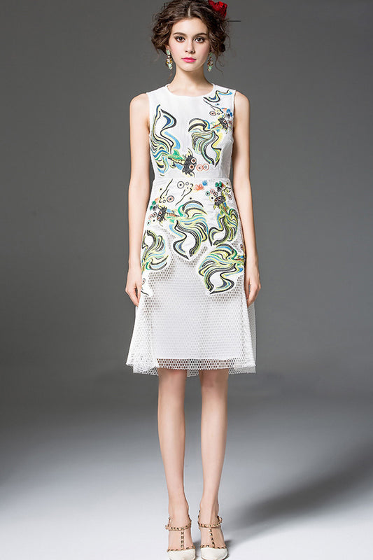 ELEGANT ROUND NECK DRAGON EMBROIDERY SLEEVELESS SLIM DRESS