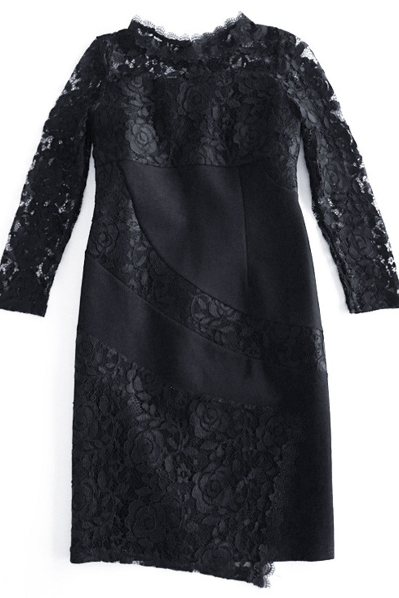 women's casual lace round neck 3/4 sleeve black party dress