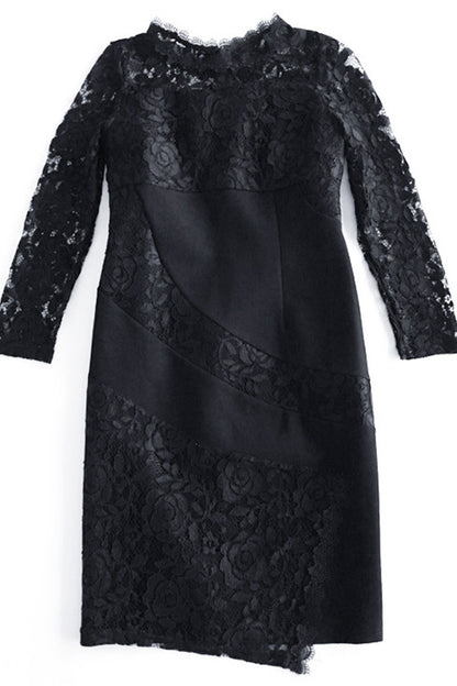 women's casual lace round neck 3/4 sleeve black party dress