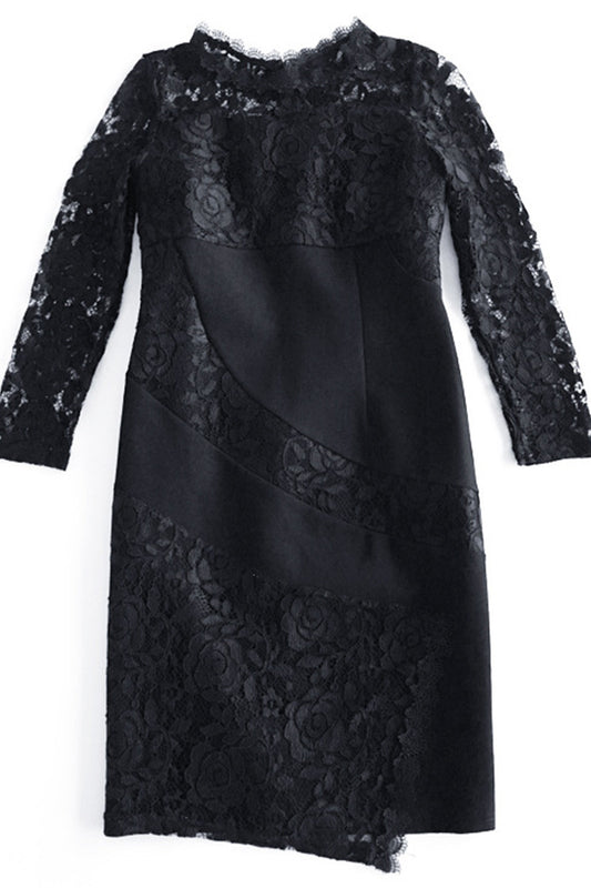 women's casual lace round neck 3/4 sleeve black party dress