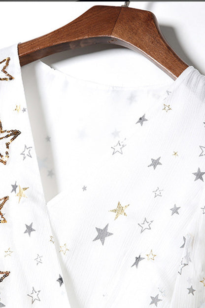 Deep-V Ruffle Sleeve Star Pattern Dress