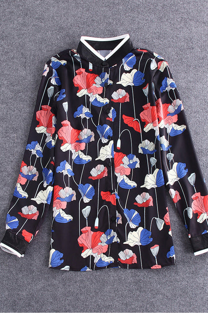 Little Turtle Neck Color Block Lotus Pattern Shirt - NJOYDRESS - 1