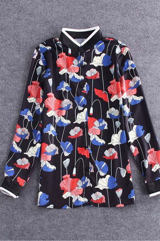 Little Turtle Neck Color Block Lotus Pattern Shirt - NJOYDRESS - 1