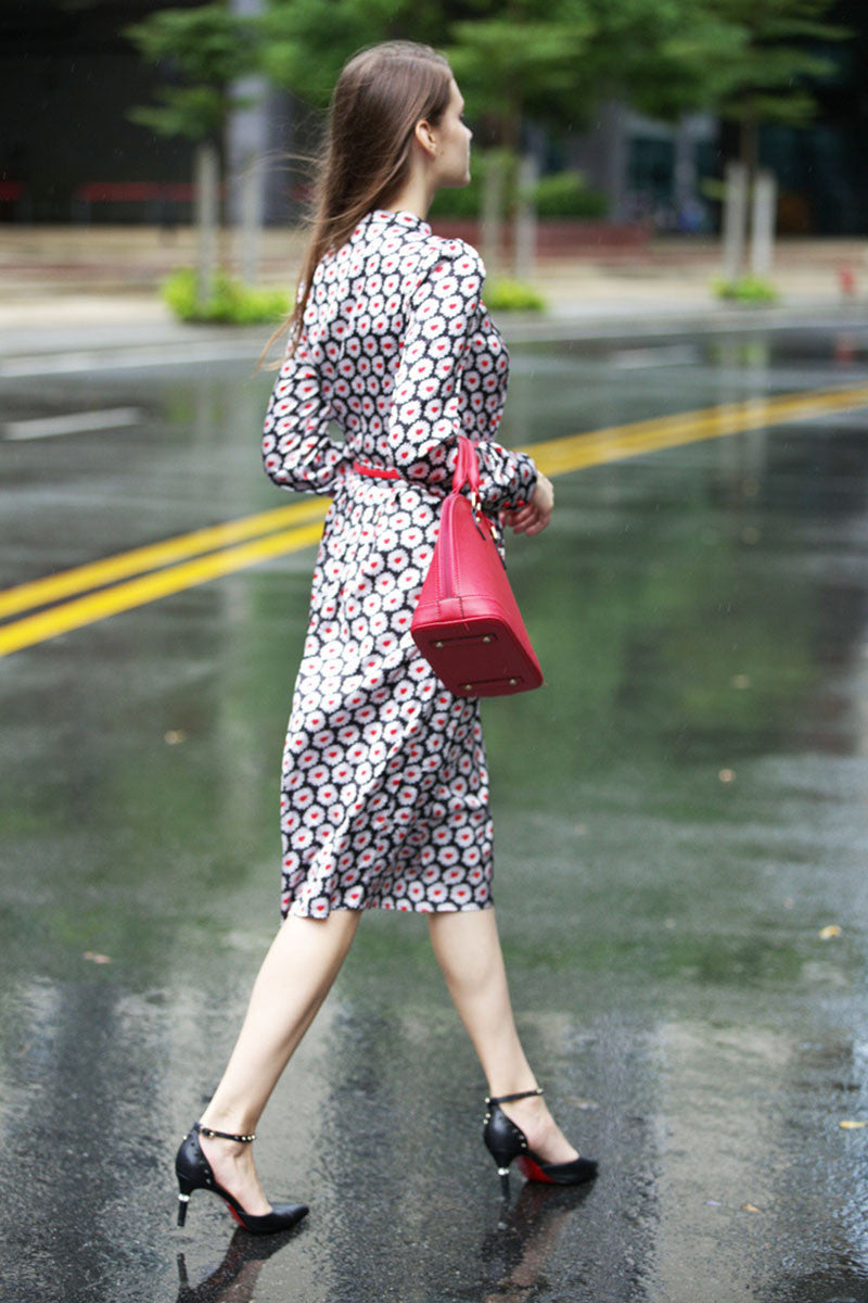 Stand Collar Floral Pattern Pleat Dress With Belt - NJOYDRESS - 2
