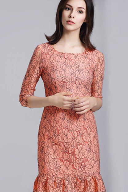 ELEGANT SLIM ROUND NECK 3/4 SLEEVE LACE PLEATED PARTY DRESS