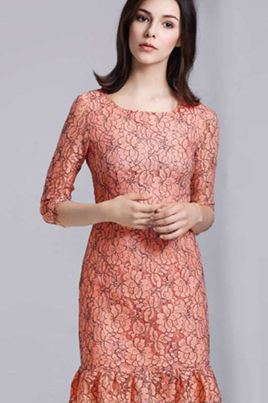 ELEGANT SLIM ROUND NECK 3/4 SLEEVE LACE PLEATED PARTY DRESS