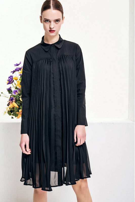 ELEGANT CHIFFON LONG SLEEVE DOLL COLLAR PLEATED MIDI DRESS
