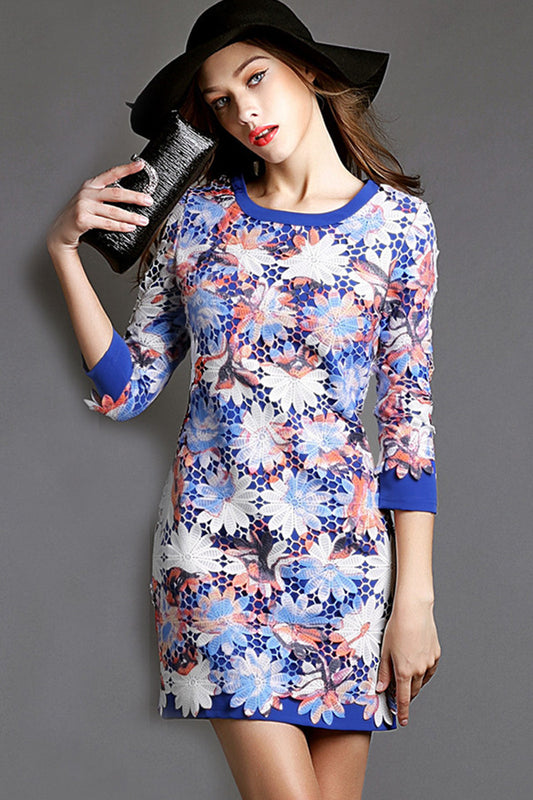 WOMEN'S SLIM ROUND NECK PRINT AND FLORAL 3/4 SLEEVE VOCATION MIDI DRESS - NJOYDRESS - 1