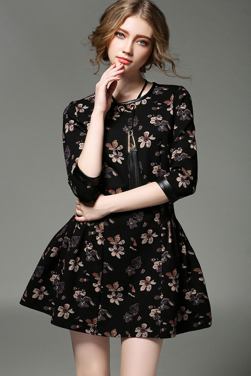 With Tassels Decoration Necklace Floral Printting Dress - NJOYDRESS