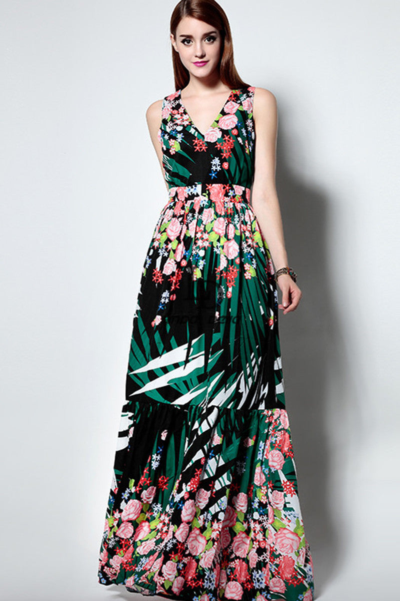 Contemporary Floral Maxi V-neck Vacation Dress