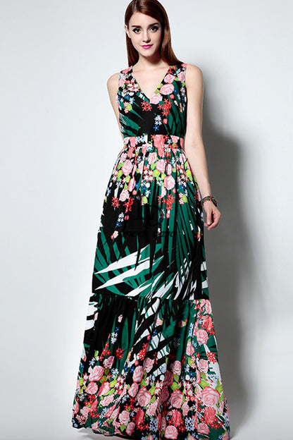 Contemporary Floral Maxi V-neck Vacation Dress