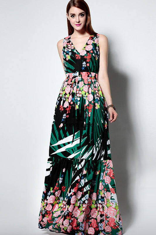 Contemporary Floral Maxi V-neck Vacation Dress
