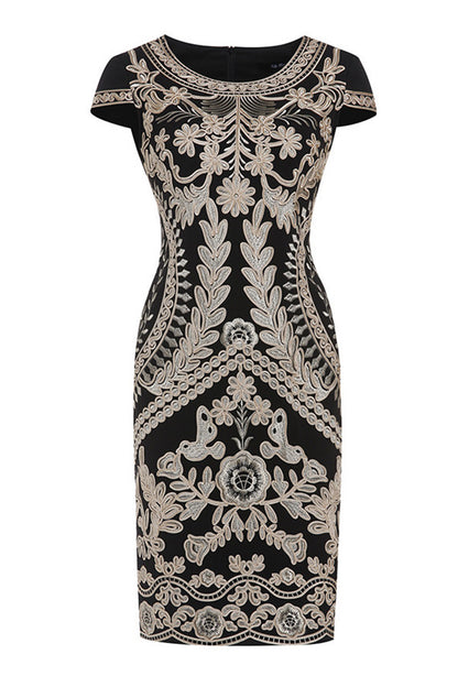 Round Collar Full   Embroidery Pattern Slim Elegant Dress