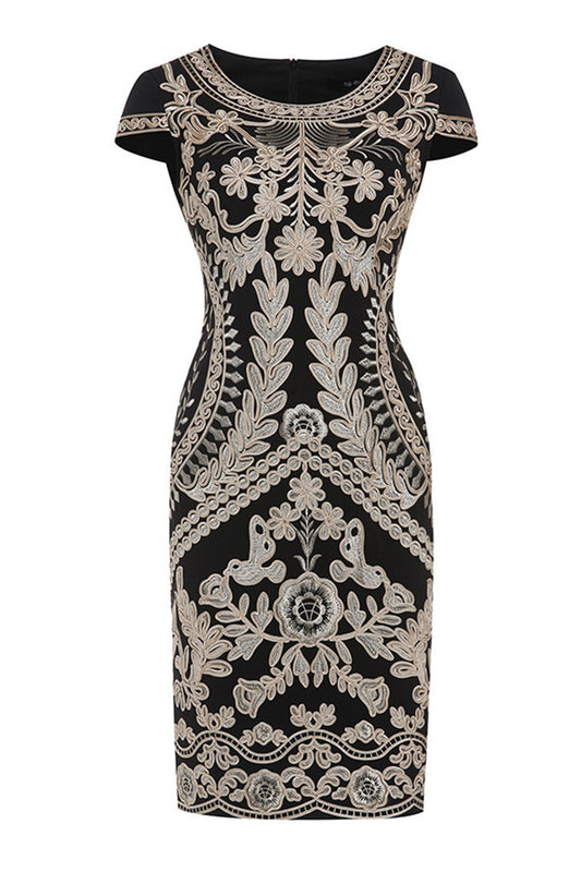 Round Collar Full   Embroidery Pattern Slim Elegant Dress